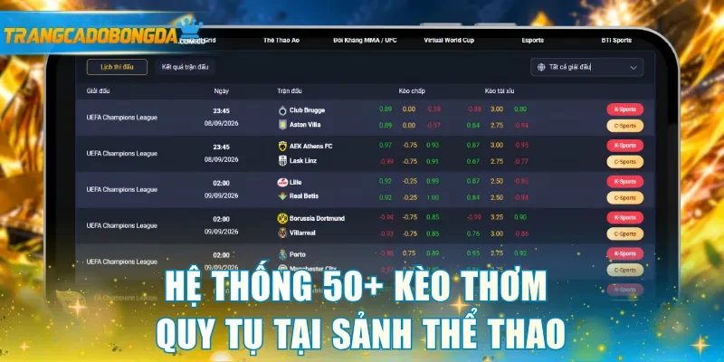 Hệ thống 50+ kèo thơm quy tụ tại sảnh thể thao
